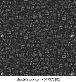 Seamless pattern with Hand drawn doodle Postal elements icon set. Vector illustration. Isolated post symbol collection. Cartoon mail element: letter, envelope, stamp, post box, package, delivery truck
