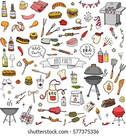 Seamless pattern with hand drawn doodle BBQ icons set. Vector illustration summer barbecue symbols collection Cartoon meals, drinks, ingredients and decoration elements on white background Sketch