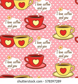  Seamless pattern. Hand drawn doodle hearts and cute cups with coffee or tee.