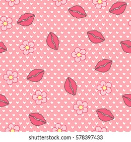  Seamless pattern. Hand drawn doodle hearts and lipstick