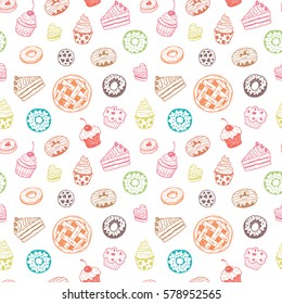 Seamless pattern with hand drawn doodle desserts: donuts, cupcakes, cake, pie, muffins