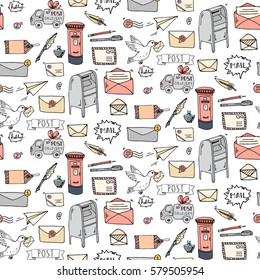 Seamless pattern Hand drawn doodle Postal elements icon set. Vector illustration. Isolated post symbols collection. Cartoon mail element: letter, envelope, stamp, post box, package, delivery truck