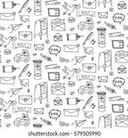 Seamless pattern Hand drawn doodle Postal elements icon set. Vector illustration. Isolated post symbols collection. Cartoon mail element: letter, envelope, stamp, post box, package, delivery truck