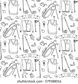 Seamless pattern Hand drawn doodle Golf icons set. Vector illustration. Game collection. Cartoon golfing sketch elements: clubs, tee, bag, cart, sport cloth, polo shirt, umbrella, flag, hole, grass.