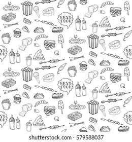Seamless pattern Hand drawn doodle Fast food icons set. Vector illustration. Junk food elements collection. Cartoon snack sketch symbol: soda, burger, hot dog, pizza, tacos, sushi, sandwich, popcorn