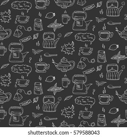 Seamless pattern Hand drawn doodle Tea time icon set. Vector illustration. Isolated drink symbols collection. Cartoon beverage element: mug, cup, teapot, leaf, bag, spice, mint, herbal, sugar, lemon.