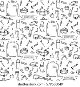 Seamless pattern Hand drawn doodle Mountain Climbing icons set. Vector illustration. Mountaineering equipment collection. Cartoon sketch elements for trekking, hiking, tourism, expedition, camping