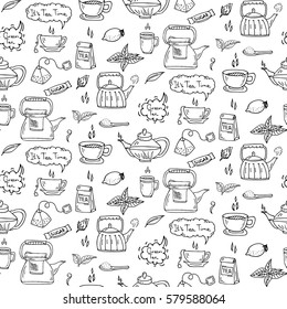 Seamless pattern Hand drawn doodle Tea time icon set. Vector illustration. Isolated drink symbols collection. Cartoon beverage element: mug, cup, teapot, leaf, bag, spice, mint, herbal, sugar, lemon.