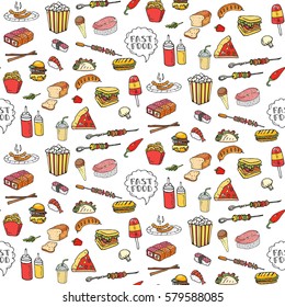 Seamless pattern Hand drawn doodle Fast food icons set. Vector illustration. Junk food elements collection. Cartoon snack sketch symbol: soda, burger, hot dog, pizza, tacos, sushi, sandwich, popcorn