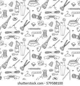 Seamless pattern Hand drawn doodle Handmade icons set. Vector illustration. Sewing collection. Cartoon hand made sketch element: embroidery, jewelry making, button, needle, scissors Spool Pin Knitting