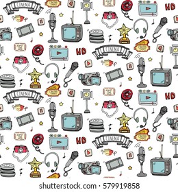 Seamless pattern hand drawn doodle Cinema set. Vector illustration. Movie making icons. Film symbols collection. Cinematography freehand elements: camera, film tape, photo camera, pizza, popcorn