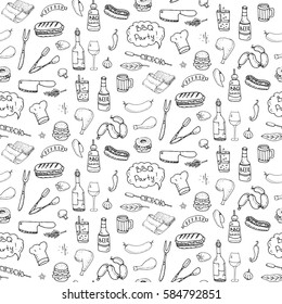 Seamless pattern with hand drawn doodle BBQ icons set. Vector illustration summer barbecue symbols collection Cartoon meals, drinks, ingredients and decoration elements on white background Sketch