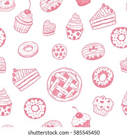 Seamless pattern with hand drawn doodle desserts: donuts, cupcakes, cake, pie, muffins