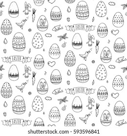 Seamless pattern hand drawn doodle Easter icons set Vector illustration spring bunny symbols collection Cartoon decorated egg, rabbit,  bird, carrot, butterfly, bunny footprint, hunting eggs, hearts