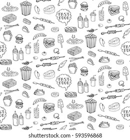Seamless pattern Hand drawn doodle Fast food icons set. Vector illustration. Junk food elements collection. Cartoon snack sketch symbol: soda, burger, hot dog, pizza, tacos, donut, sandwich, cheese