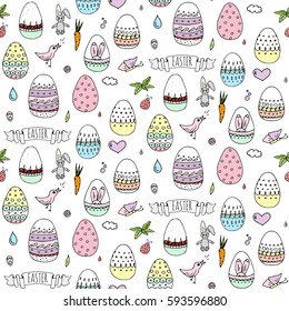 Seamless pattern hand drawn doodle Easter icons set Vector illustration spring bunny symbols collection Cartoon decorated egg, rabbit,  bird, carrot, butterfly, bunny footprint, hunting eggs, hearts