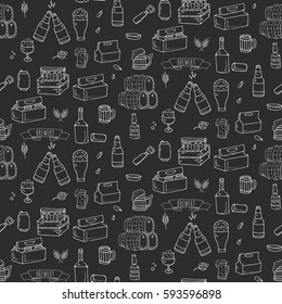 Seamless pattern Hand drawn doodle set of Brewery icons. Vector illustration set. Cartoon Craft Beer production symbols. Sketchy brewing elements collection: pub equipment, malt, hop, glass, barrel