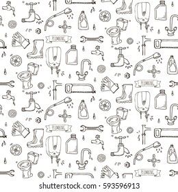 Seamless pattern Hand drawn doodle Plumbing icons set. Vector illustration. Plumber repair tools collection. Cartoon water pipe sketch elements: sink, tube, drain, washing machine, splash, drops, leak