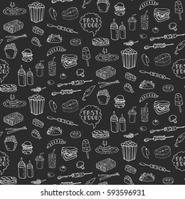 Seamless pattern Hand drawn doodle Fast food icons set. Vector illustration. Junk food elements collection. Cartoon snack sketch symbol: soda, burger, hot dog, pizza, tacos, donut, sandwich, cheese