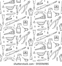 Seamless pattern with hand drawn doodle Nail salon icons set. Vector illustration. Manicure accessories collection. Cartoon sketch pedicure tools elements: polish, bottle, brush, varnish, scissors