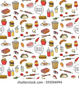 Seamless pattern Hand drawn doodle Fast food icons set. Vector illustration. Junk food elements collection. Cartoon snack sketch symbol: soda, burger, hot dog, pizza, tacos, donut, sandwich, cheese