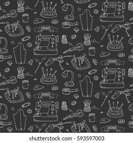 Seamless pattern hand drawn doodle Handmade icons set. Vector illustration. Sewing collection. Cartoon hand made various sketch elements: embroidery, button, needle, scissors, spool, pin, knitting