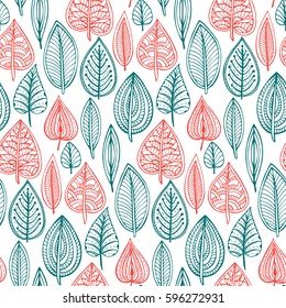 Seamless pattern with hand drawn doodle ornate leaves. Vector endless natural background. The elegant illustration for fashion prints, fabric, scrapbook