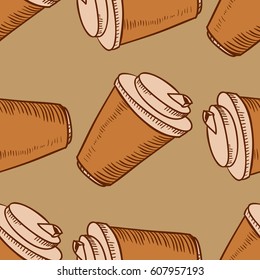 Seamless pattern with hand drawn doodle take away cups of coffee and tea on beige background. Vector illustration.