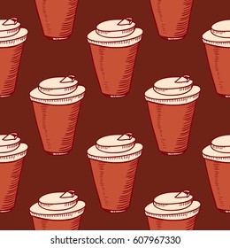 Seamless pattern with hand drawn doodle take away cups of coffee and tea on brown background. Vector illustration.