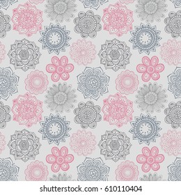 Seamless pattern with hand drawn doodle ornate flowers. Vector endless natural background. The elegant illustration for fashion prints, fabric, scrapbook.