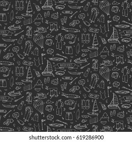 Seamless pattern hand drawn doodle Water sports icon set. Vector illustration Symbols collection Cartoon various elements: jetski, wakeboard, waterski, surfing, kayak, kitesurfing, paddle, parasailing