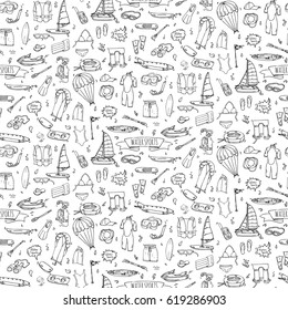 Seamless pattern hand drawn doodle Water sports icon set. Vector illustration Symbols collection Cartoon various elements: jetski, wakeboard, waterski, surfing, kayak, kitesurfing, paddle, parasailing