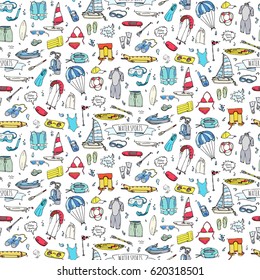 Seamless pattern hand drawn doodle Water sports icon set. Vector illustration Symbols collection Cartoon various elements: jetski, wakeboard, waterski, surfing, kayak, kitesurfing, paddle, parasailing