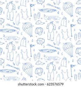 Seamless pattern hand drawn doodle Water sports icon set. Vector illustration Symbols collection Cartoon various elements: jetski, wakeboard, waterski, surfing, kayak, kitesurfing, paddle, parasailing