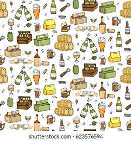 Seamless pattern Hand drawn doodle set of Brewery icons. Vector illustration set. Cartoon Craft Beer production symbols. Sketchy brewing elements collection: pub equipment, malt, hop, glass, barrel