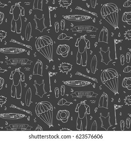 Seamless pattern hand drawn doodle Water sports icon set. Vector illustration Symbols collection Cartoon various elements: jetski, wakeboard, waterski, surfing, kayak, kitesurfing, paddle, parasailing