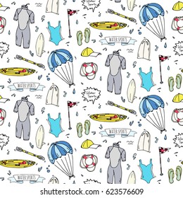 Seamless pattern hand drawn doodle Water sports icon set. Vector illustration Symbols collection Cartoon various elements: jetski, wakeboard, waterski, surfing, kayak, kitesurfing, paddle, parasailing