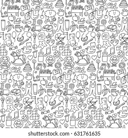 Seamless pattern with hand drawn doodle baby objects. Vector background for covers, coloring books, textile prints.