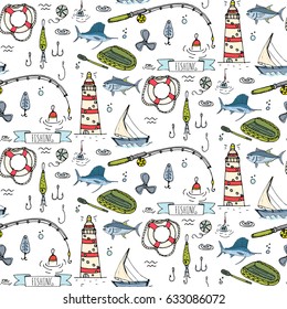 Seamless pattern hand drawn doodle Fishing icons set. Cartoon vector illustration. Fish catching equipment elements collection Rod Baits Spinning Lure Boat Lighthouse Fishing cloth Inflatable Marlin