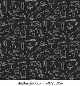 Seamless pattern hand drawn doodle Bathroom related icons set Vector illustration home bath symbols collection Cartoon elements Sketch Toilet Sink Shower Bathtub Lavatory Towel Robe Slippers Fan