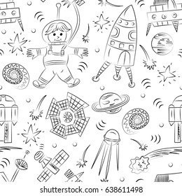 Seamless Pattern of Hand Drawn Doodle Spaceman, Spaceships, Rockets, Falling Stars, Planets and Comets. Sketch Style. Vector Illustration.