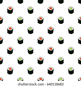 Seamless pattern of hand drawn doodle sushi and rolls isolated on white background, vector illustration.
