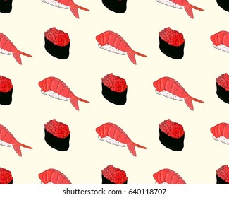 Seamless pattern of hand drawn doodle sushi and rolls isolated on white background, vector illustration.