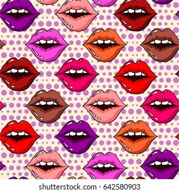 Seamless pattern with Hand drawn doodle lips. Vector illustration.