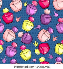 Seamless pattern with Hand drawn doodle female perfume. Vector illustration.