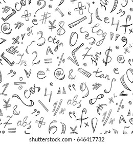 Seamless Pattern of Hand Drawn Doodle Symbols and Numbers. Scribble Mathematics Signs. Vector Illustration.