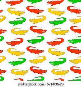 Seamless pattern hand drawn doodle, multicolored crocodiles random on white, fabric, wallpaper, children, gift wrapping design