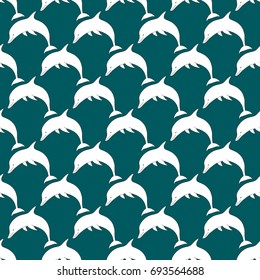 Seamless pattern hand drawn doodle white dolphins on blue background, kids fabric, gift wrapping, wallpaper, scandinavian style