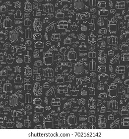 Seamless pattern hand drawn doodle Baggage icons set. Vector illustration. Different types of baggage Large small suitcase Hand luggage Backpack Carrying animals Crate Handbag Tag Sketch cartoon style