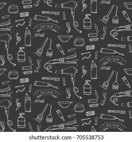 Seamless pattern Hand drawn doodle Hair salon icons set Vector illustration Barber symbols collection Cartoon hairdressing equipment elements: Shampoo Mask Hair Die Scissors Iron Curlers Dryer Razor